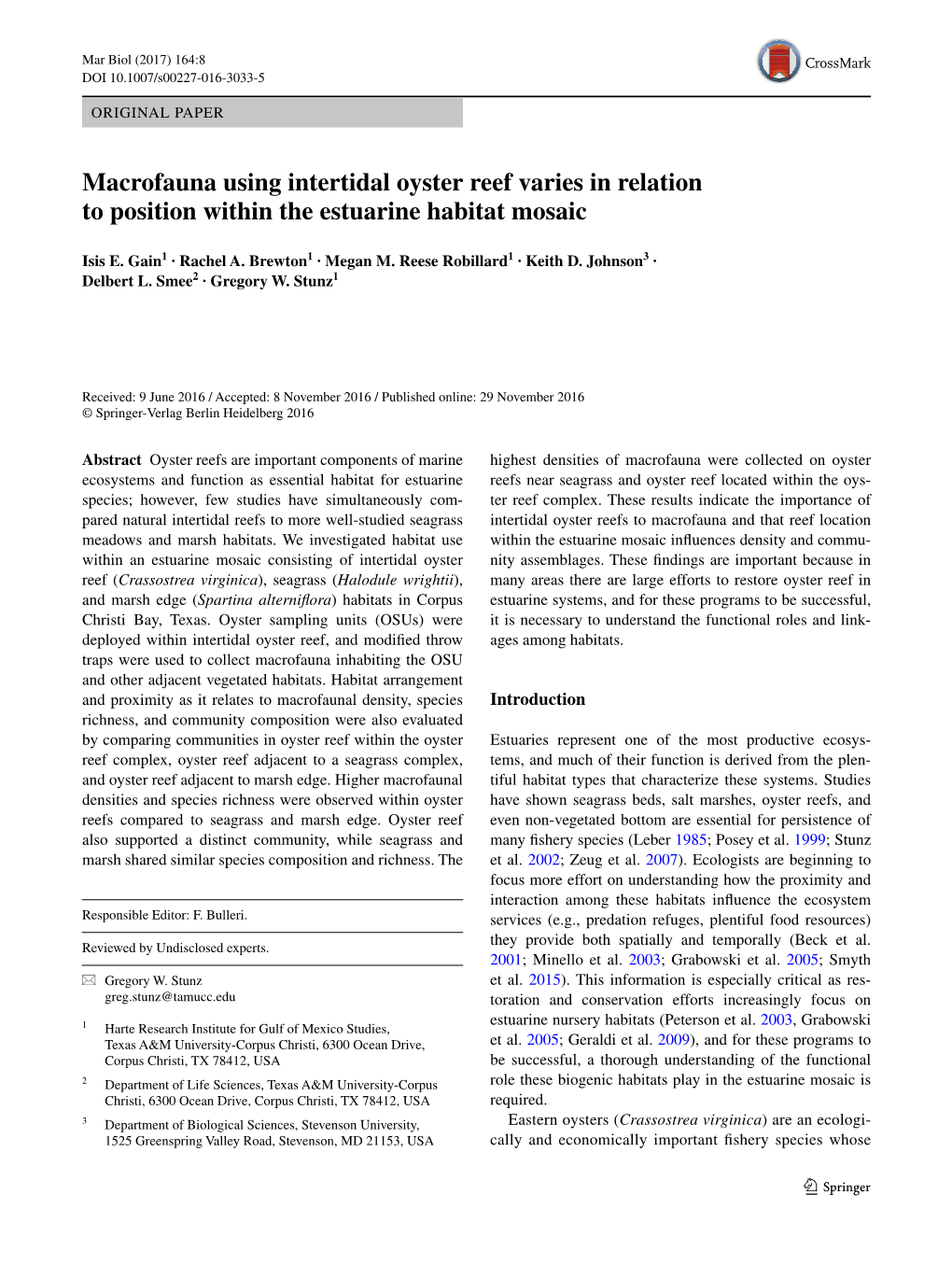 Macrofauna Using Intertidal Oyster Reef Varies in Relation to Position Within the Estuarine Habitat Mosaic