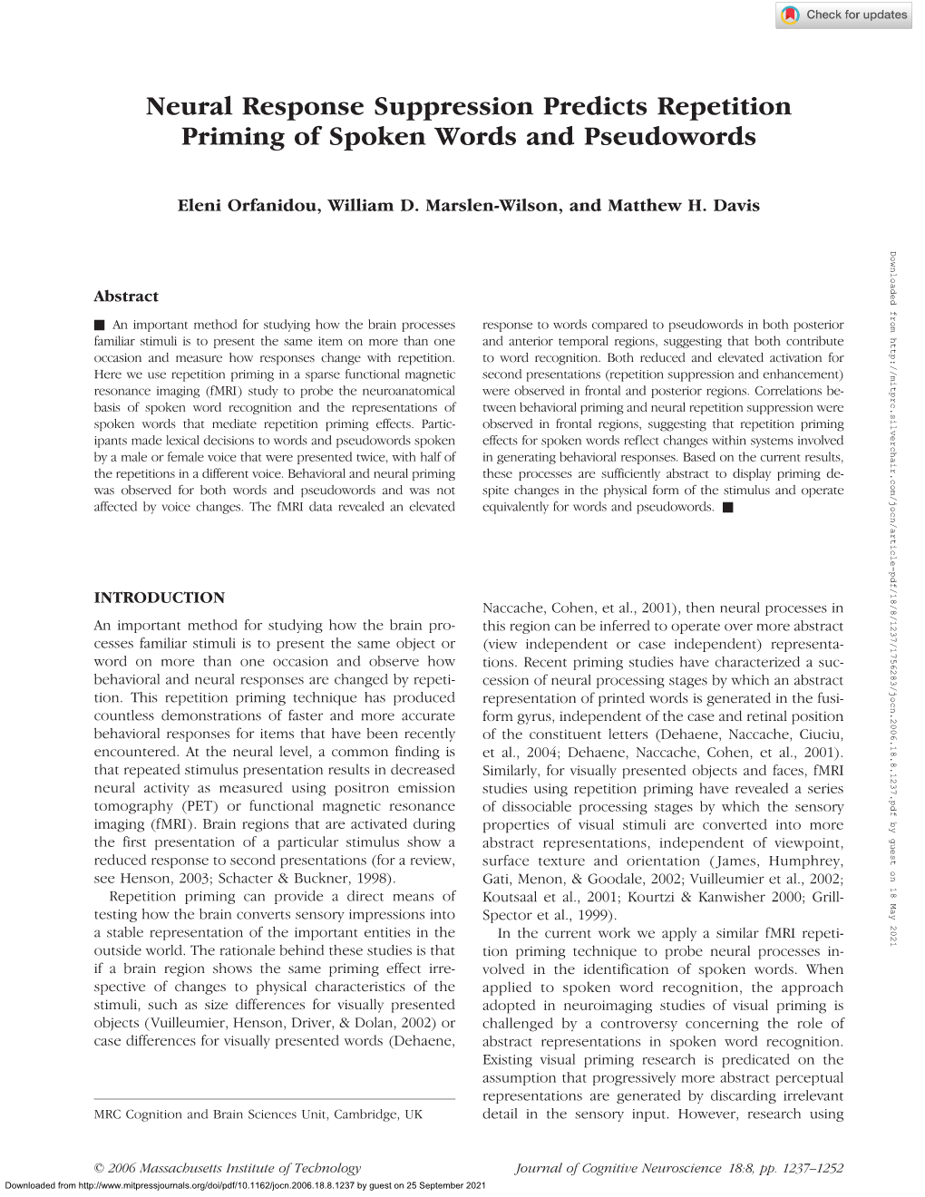 Neural Response Suppression Predicts Repetition Priming of Spoken Words and Pseudowords