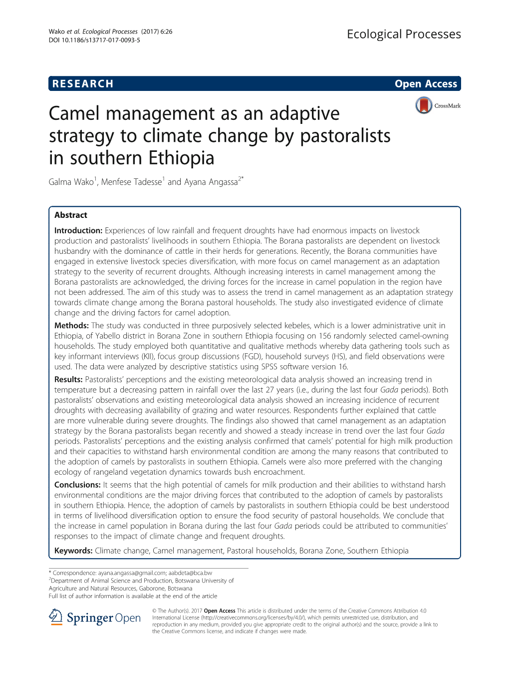 Camel Management As an Adaptive Strategy to Climate Change by Pastoralists in Southern Ethiopia Galma Wako1, Menfese Tadesse1 and Ayana Angassa2*