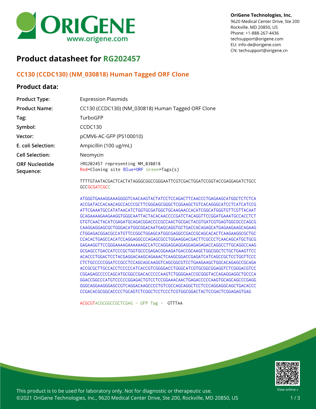 CC130 (CCDC130) (NM 030818) Human Tagged ORF Clone Product Data