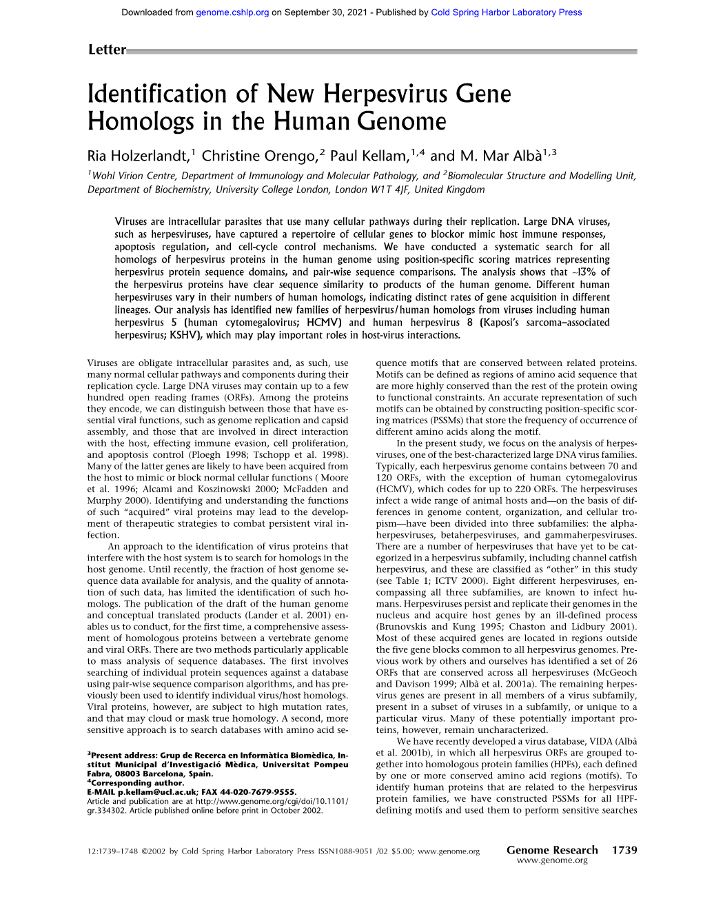 Identification of New Herpesvirus Gene Homologs in the Human Genome