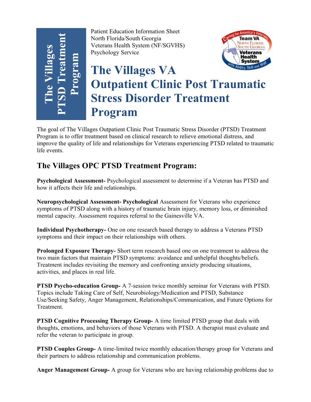 The Villages VA Outpatient Clinic Post Traumatic Stress Disorder Treatment Program