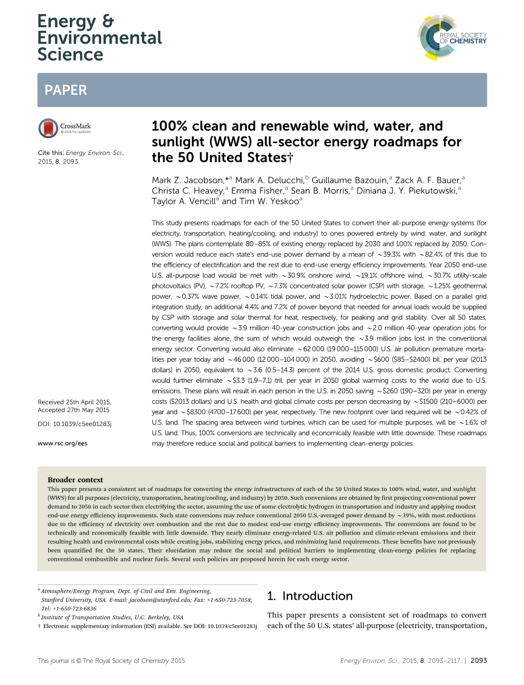 (WWS) All-Sector Energy Roadmaps for the 50 United States