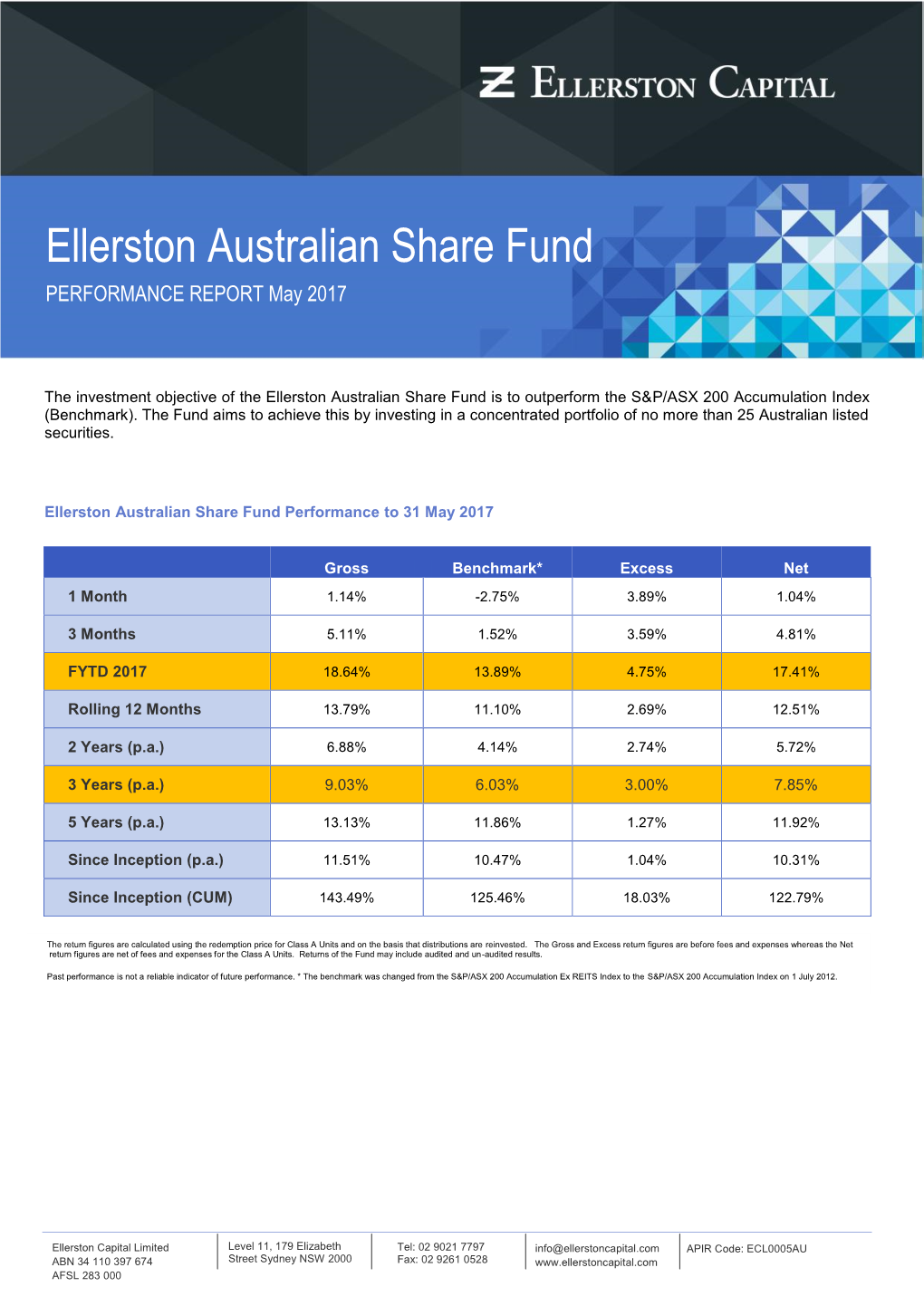 Ellerston Australian Share Fund PERFORMANCE REPORT May 2017