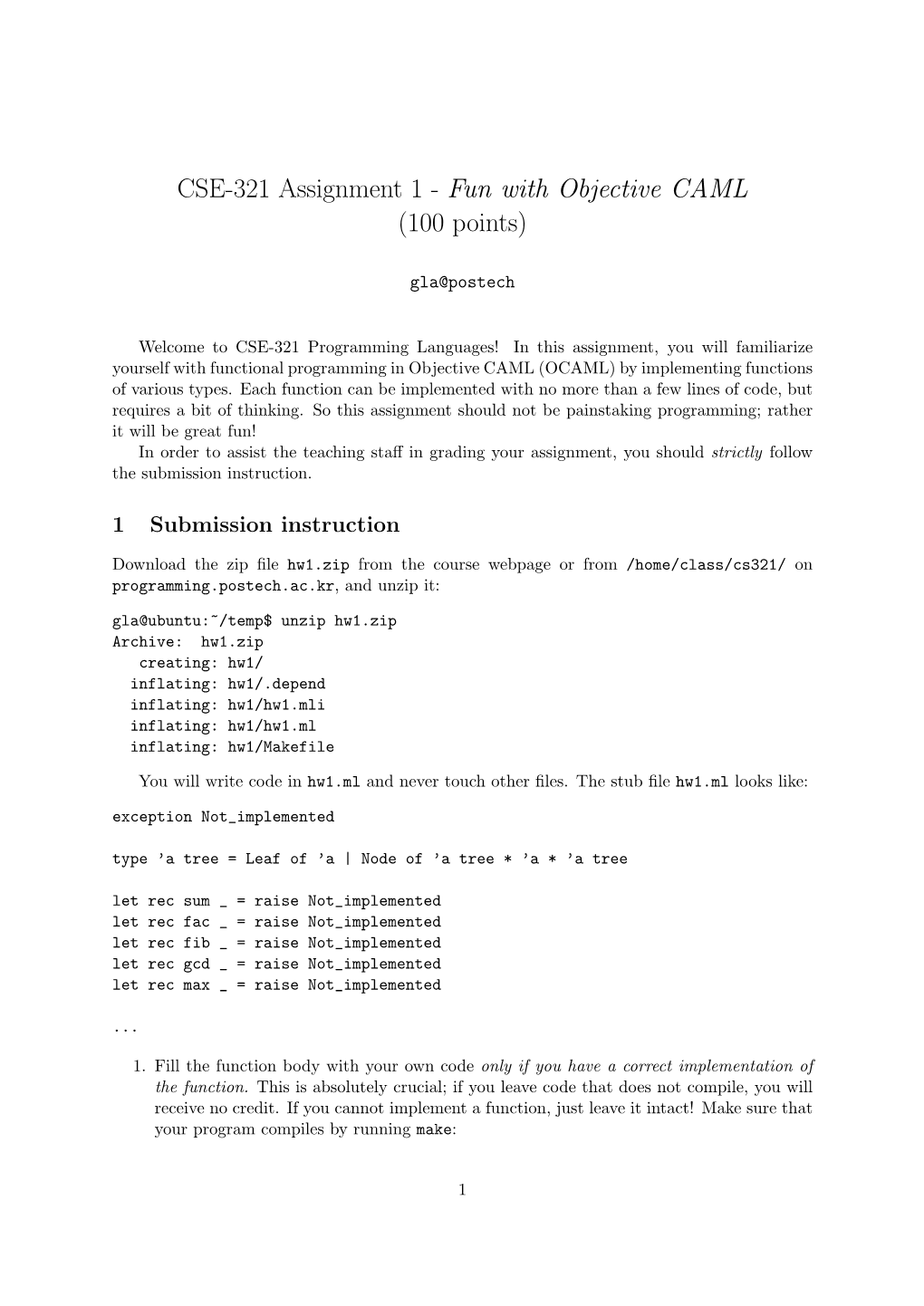 CSE-321 Assignment 1 - Fun with Objective CAML (100 Points)