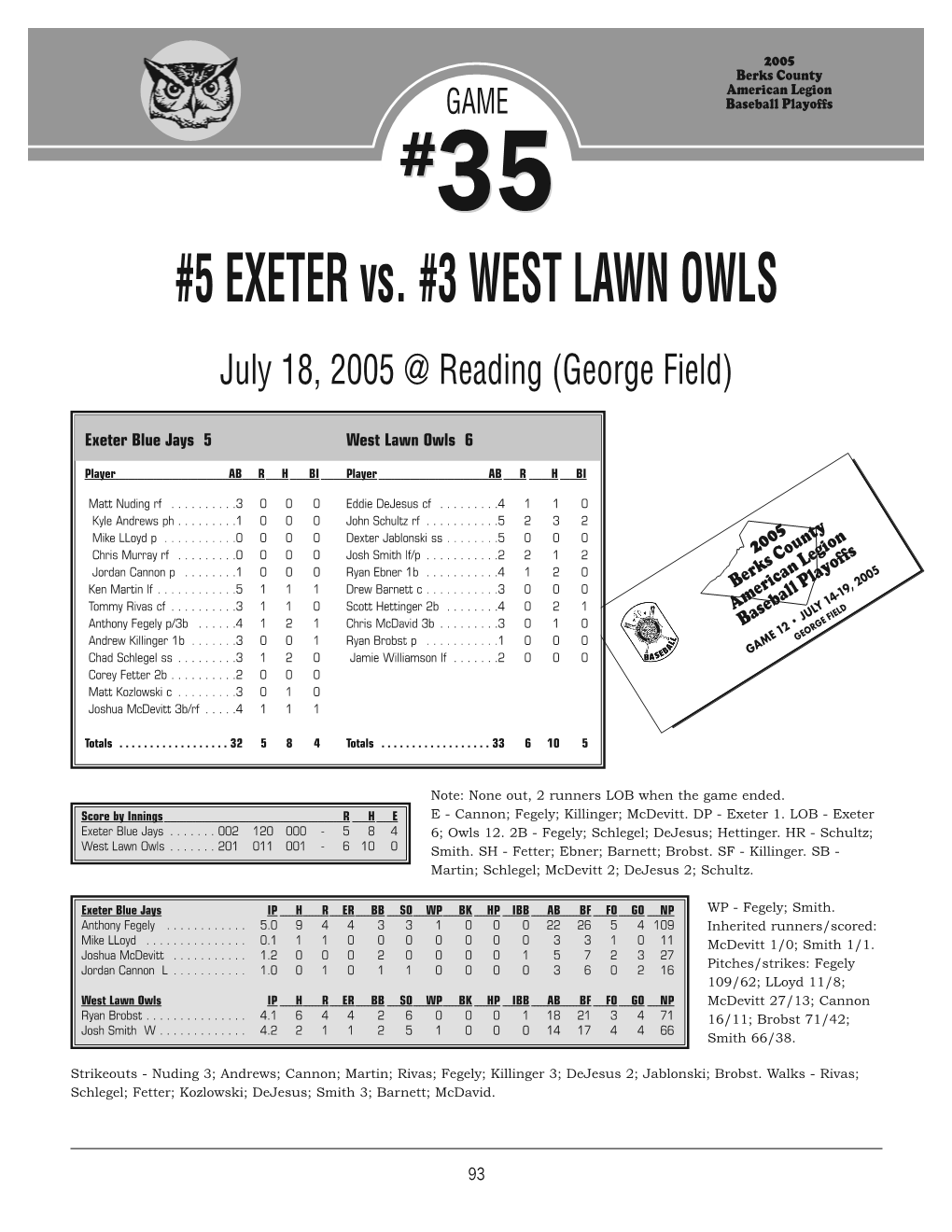 5 EXETER Vs. #3 WEST LAWN OWLS