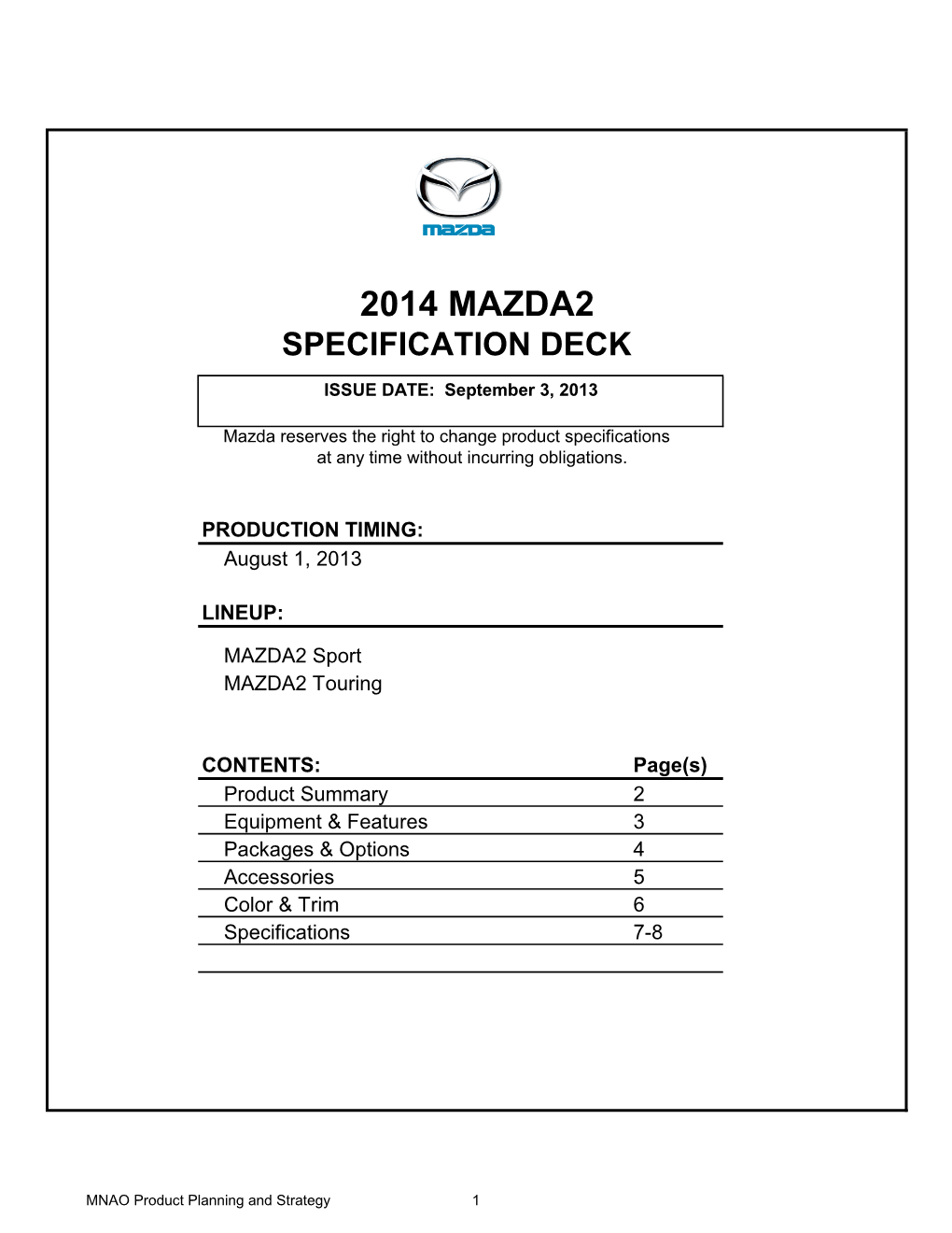 2014 Mazda2 Specification Deck