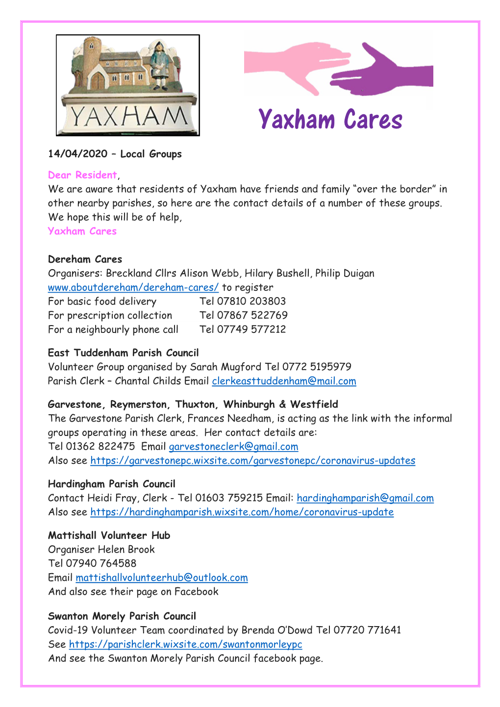 Yaxham Cares Update – Other Volunteer Groups 14042020
