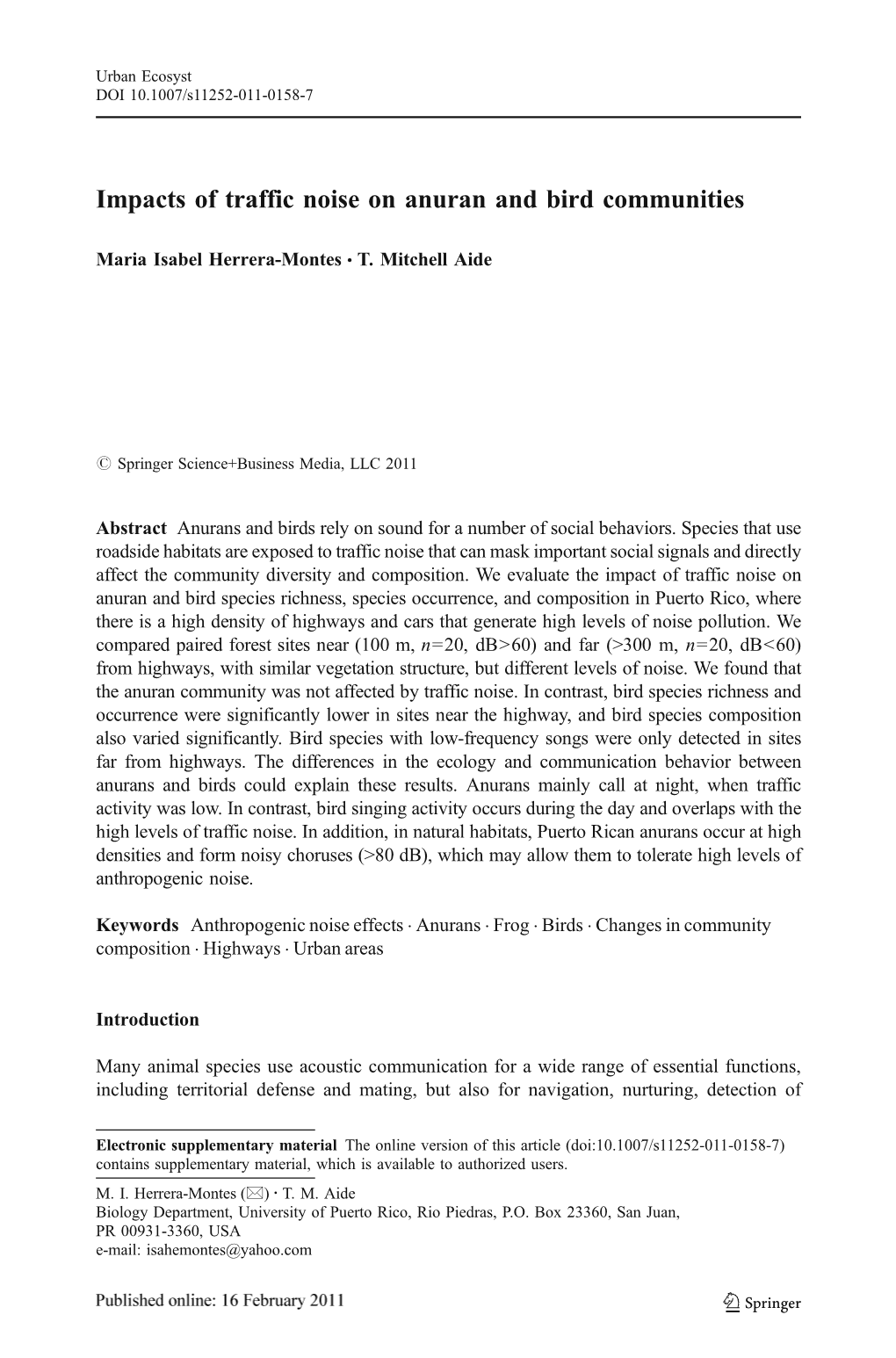 Impacts of Traffic Noise on Anuran and Bird Communities