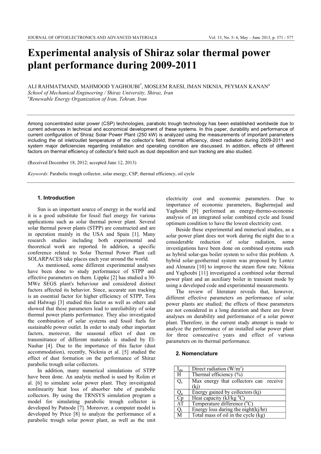 Experimental Analysis of Shiraz Solar Thermal Power Plant Performance During 2009-2011