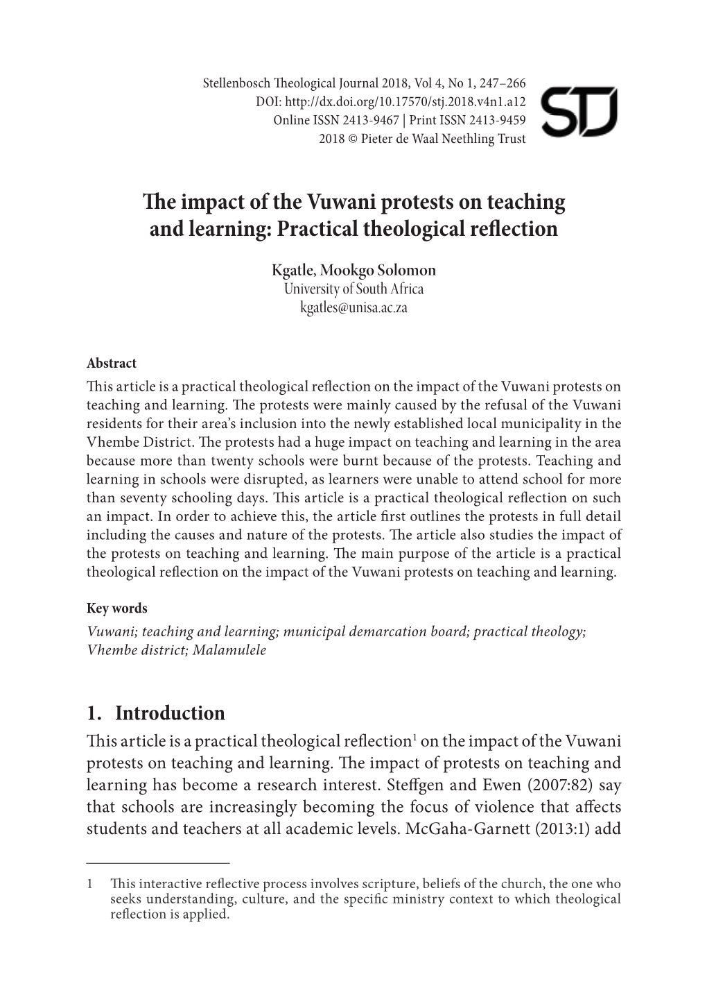 The Impact of the Vuwani Protests on Teaching and Learning: Practical Theological Reflection