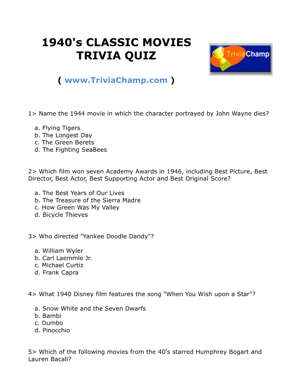 1940'S CLASSIC MOVIES TRIVIA QUIZ