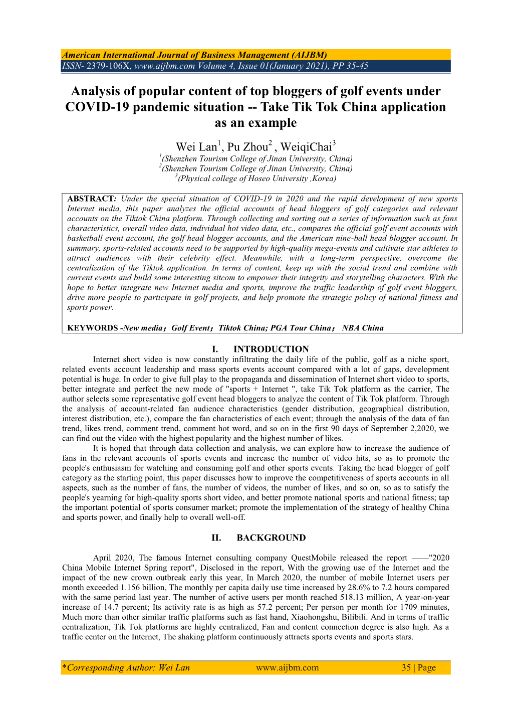 Analysis of Popular Content of Top Bloggers of Golf Events Under COVID-19 Pandemic Situation -- Take Tik Tok China Application As an Example