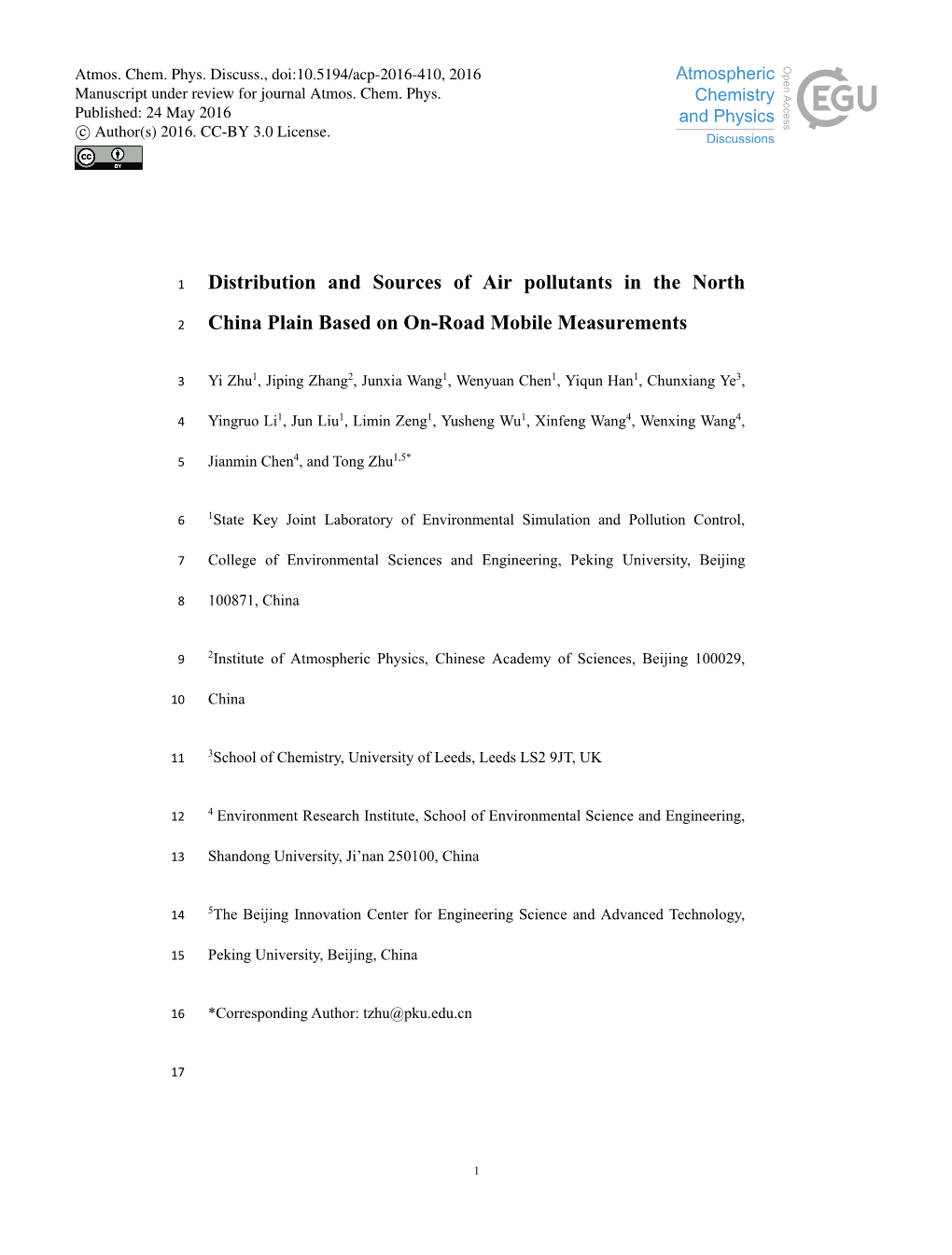 Distribution and Sources of Air Pollutants in the North China Plain