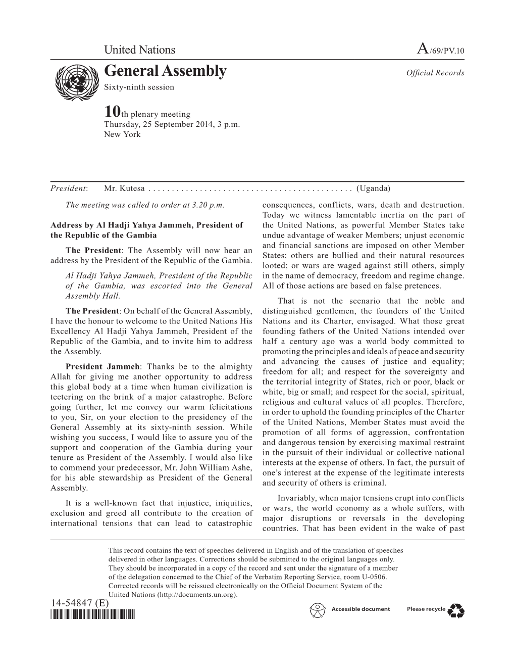 General Assembly Official Records Asdf Sixty-Ninth Session 10Th Plenary Meeting Thursday, 25 September 2014, 3 P.M