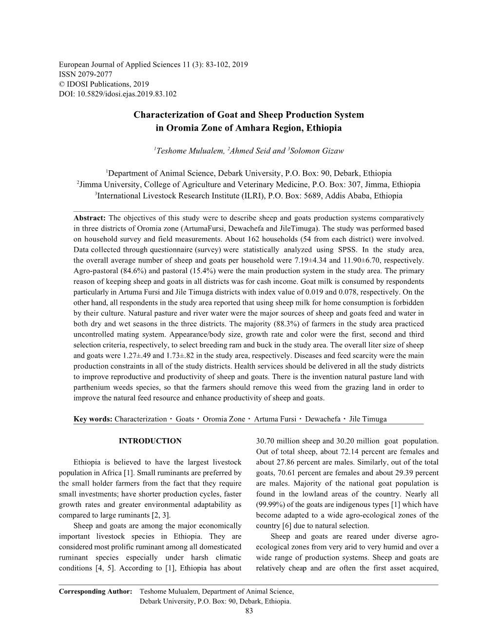 Characterization of Goat and Sheep Production System in Oromia Zone of Amhara Region, Ethiopia