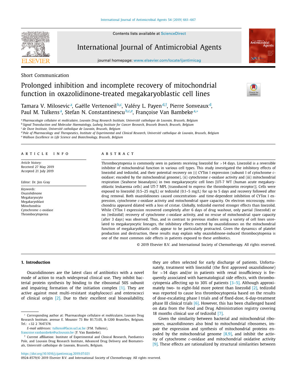 Prolonged Inhibition and Incomplete Recovery of Mitochondrial Function in Oxazolidinone-Treated Megakaryoblastic Cell Lines