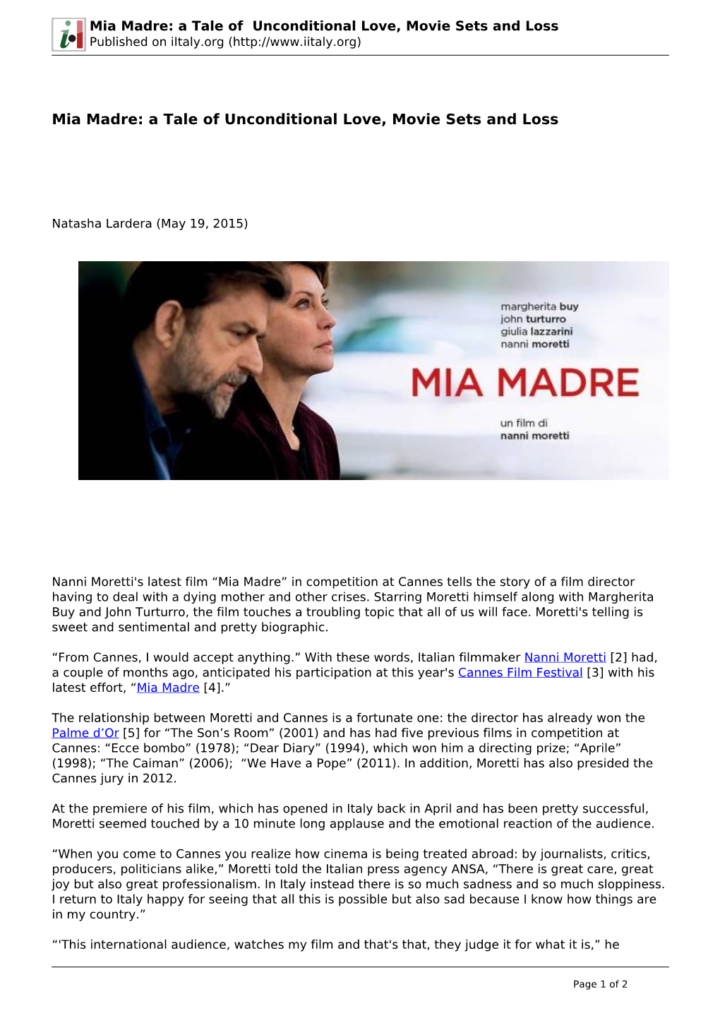 Mia Madre: a Tale of Unconditional Love, Movie Sets and Loss Published on Iitaly.Org (