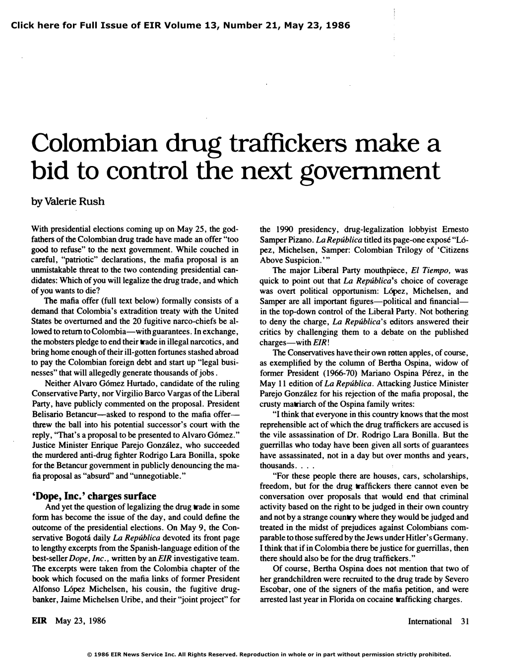 Colombian Drug Traffickers Make a Bid to Control the Government