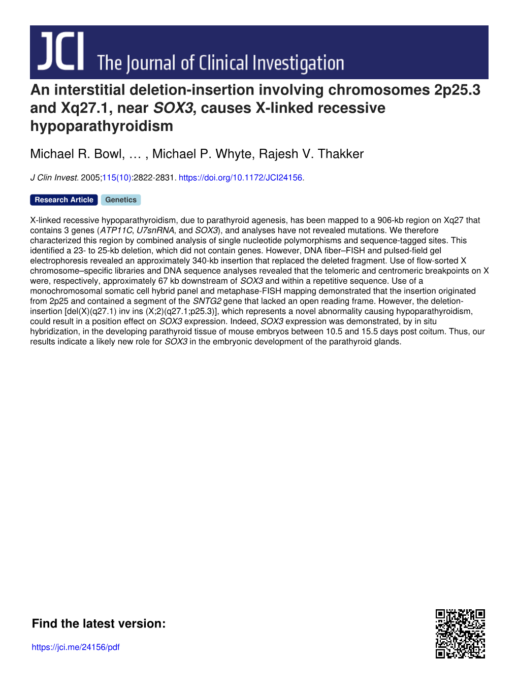 An Interstitial Deletion-Insertion Involving Chromosomes 2P25.3 and Xq27.1, Near SOX3, Causes X-Linked Recessive Hypoparathyroidism