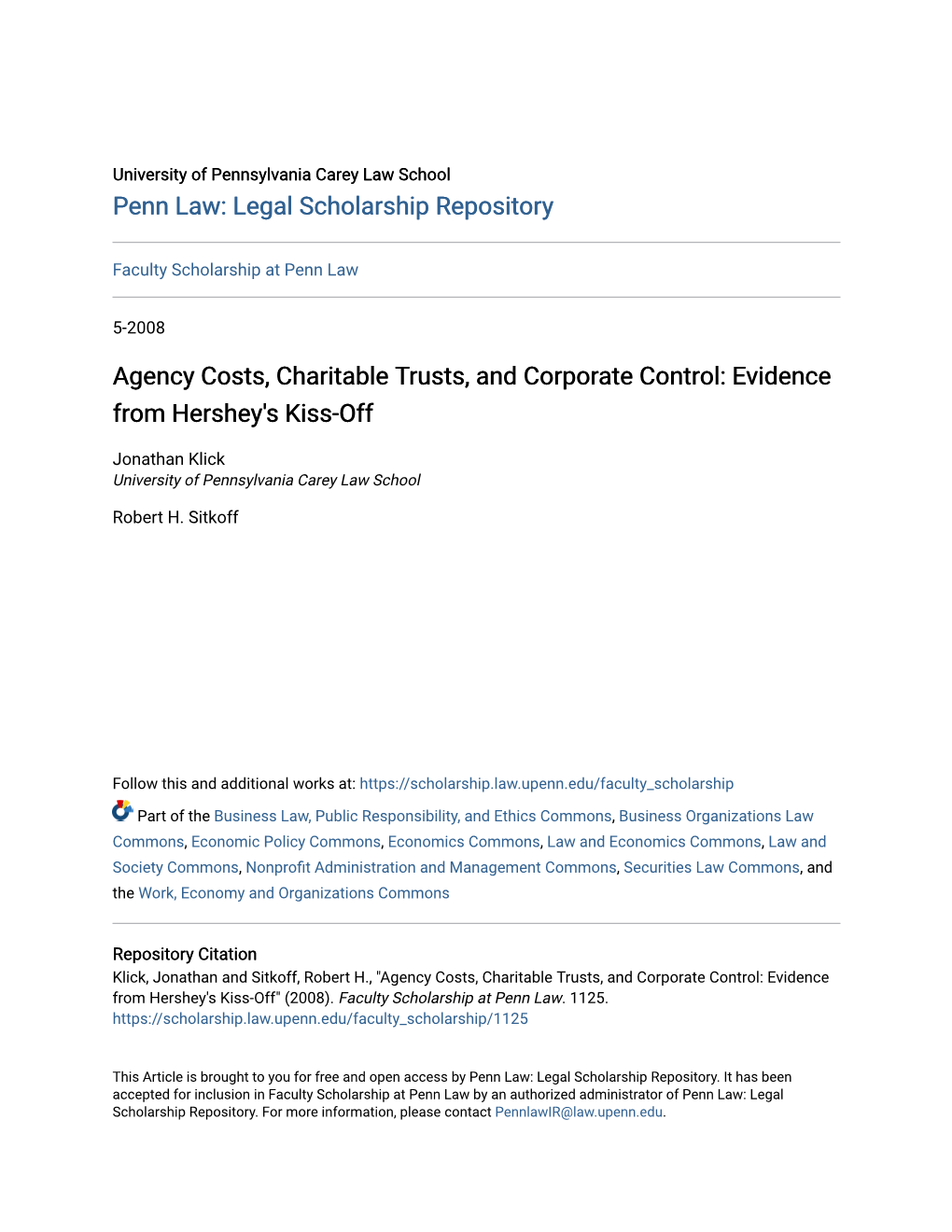 Agency Costs, Charitable Trusts, and Corporate Control: Evidence from Hershey's Kiss-Off