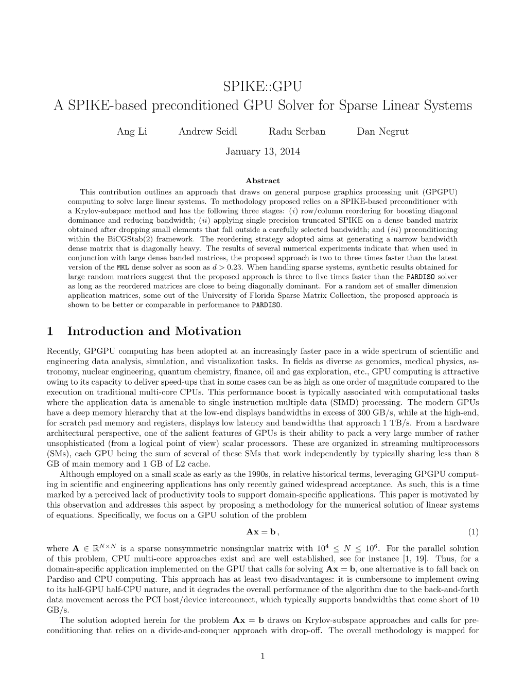 SPIKE::GPU a SPIKE-Based Preconditioned GPU Solver for Sparse Linear Systems