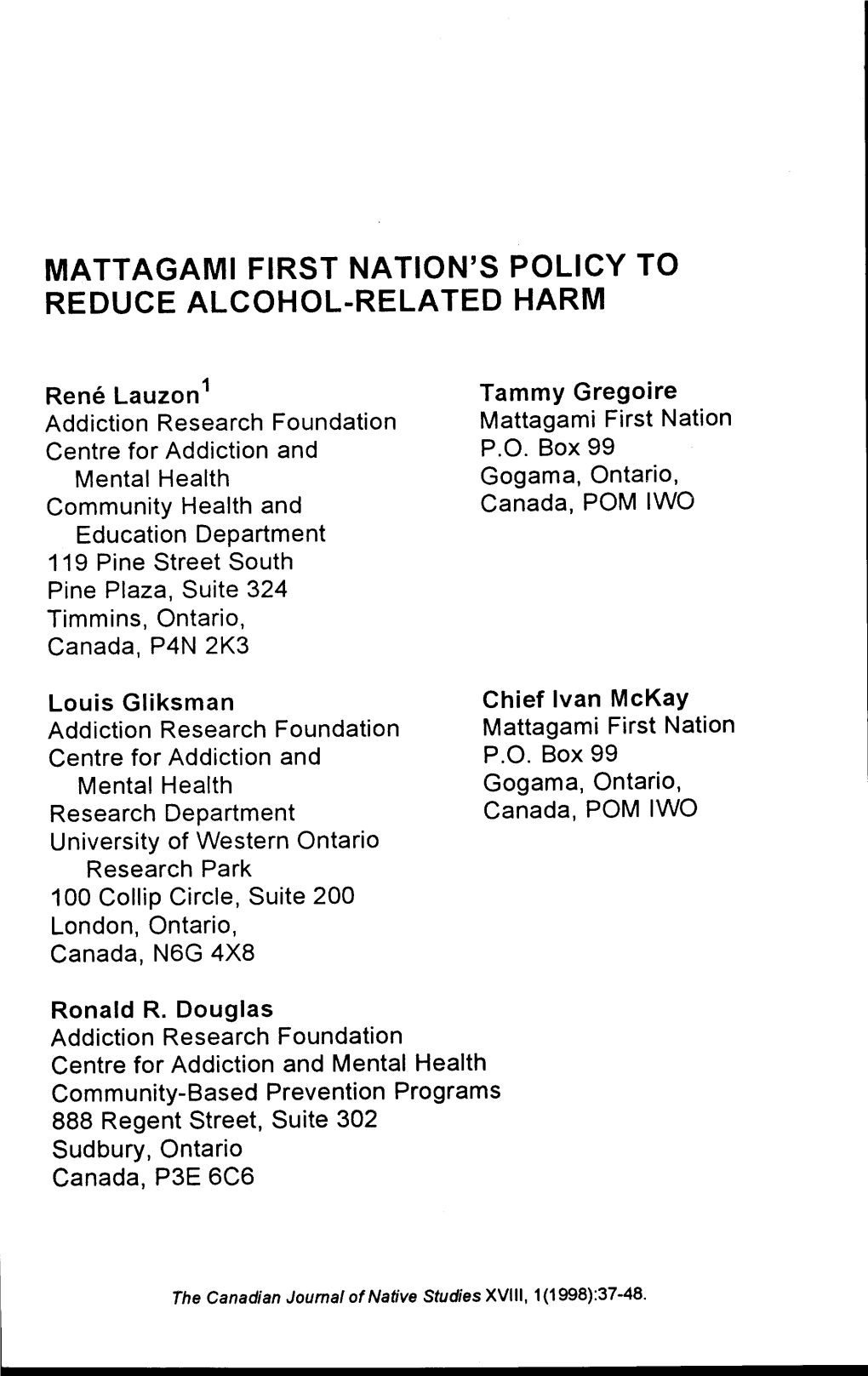 Mattagami First Nation's Policy to Reduce Alcohol-Related Harm