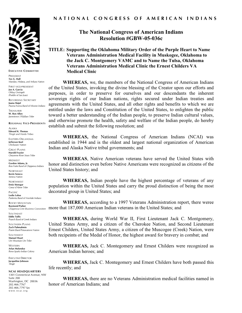 The National Congress of American Indians Resolution #GBW-05-036C