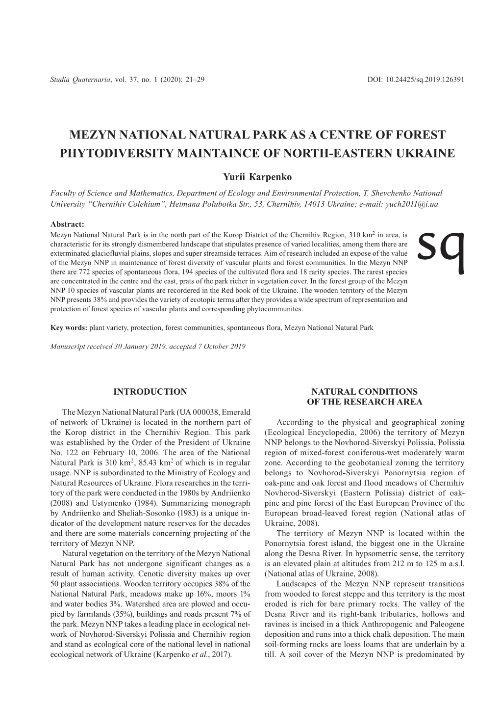 Mezyn National Natural Park As a Centre of Forest Phytodiversity Maintaince of North-Eastern Ukraine