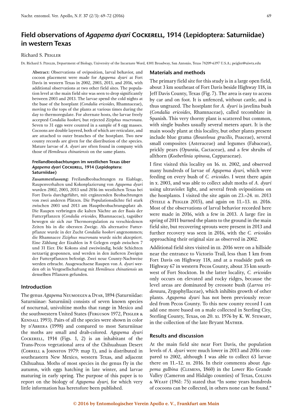 Field Observations of Agapema Dyari Cockerell, 1914 (Lepidoptera: Saturniidae) in Western Texas