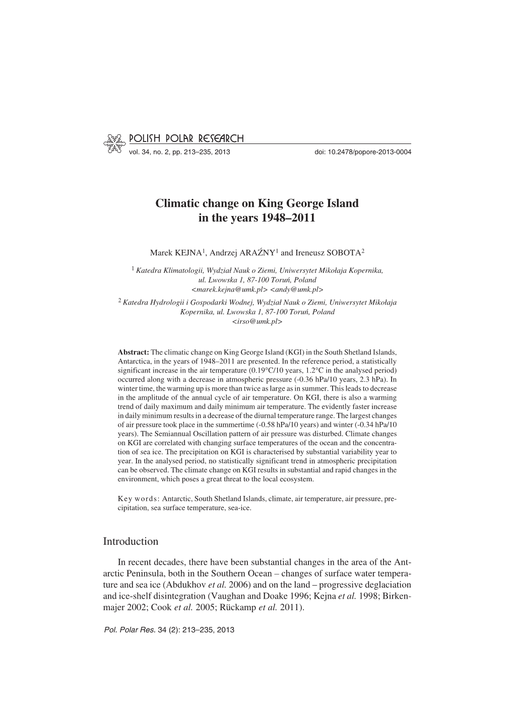 Climatic Change on King George Island in the Years 1948–2011