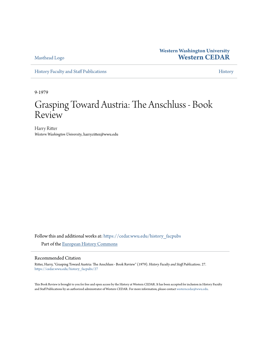 The Anschluss - Book Review Harry Ritter Western Washington University, Harry.Ritter@Wwu.Edu