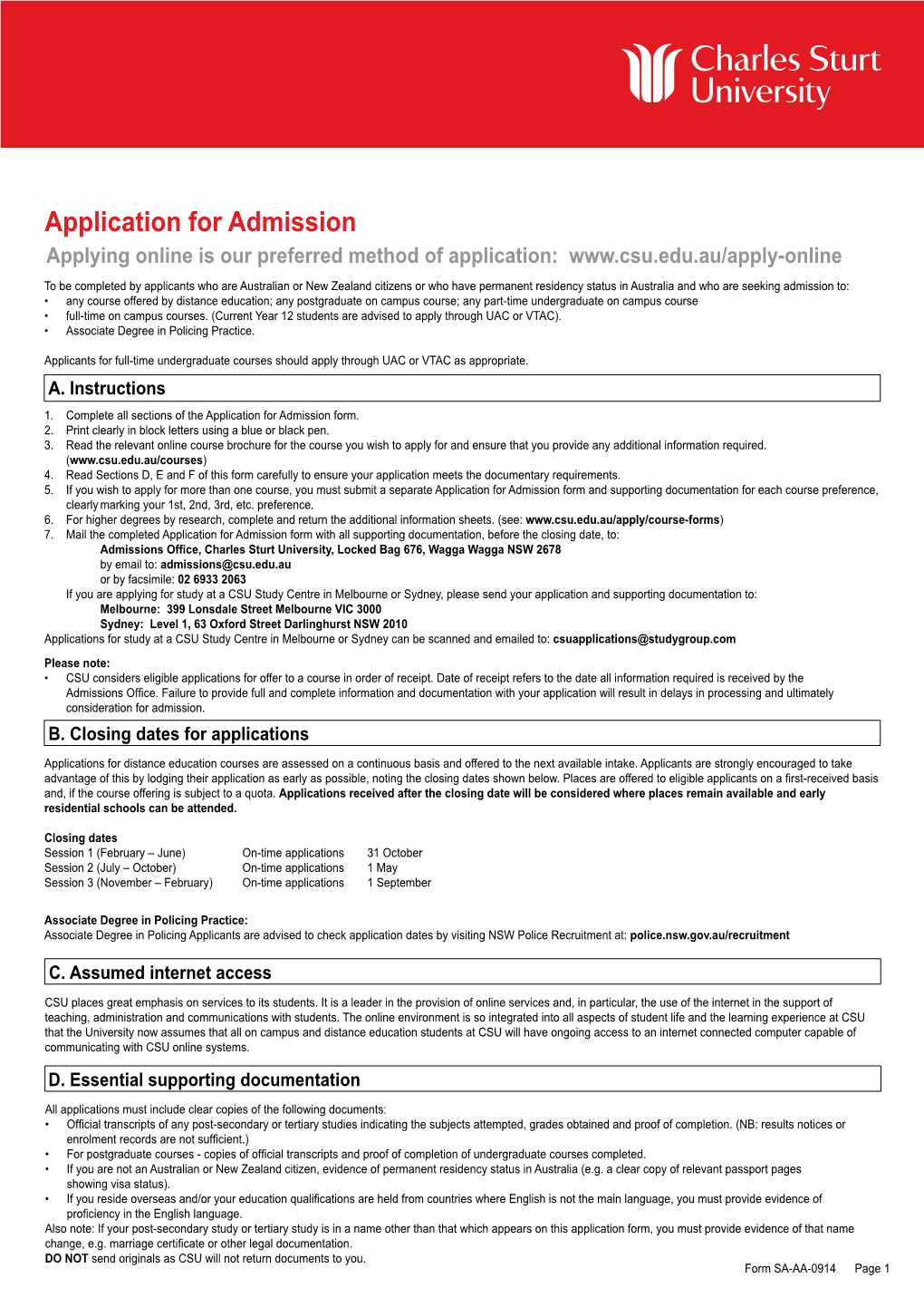 Application for Admission