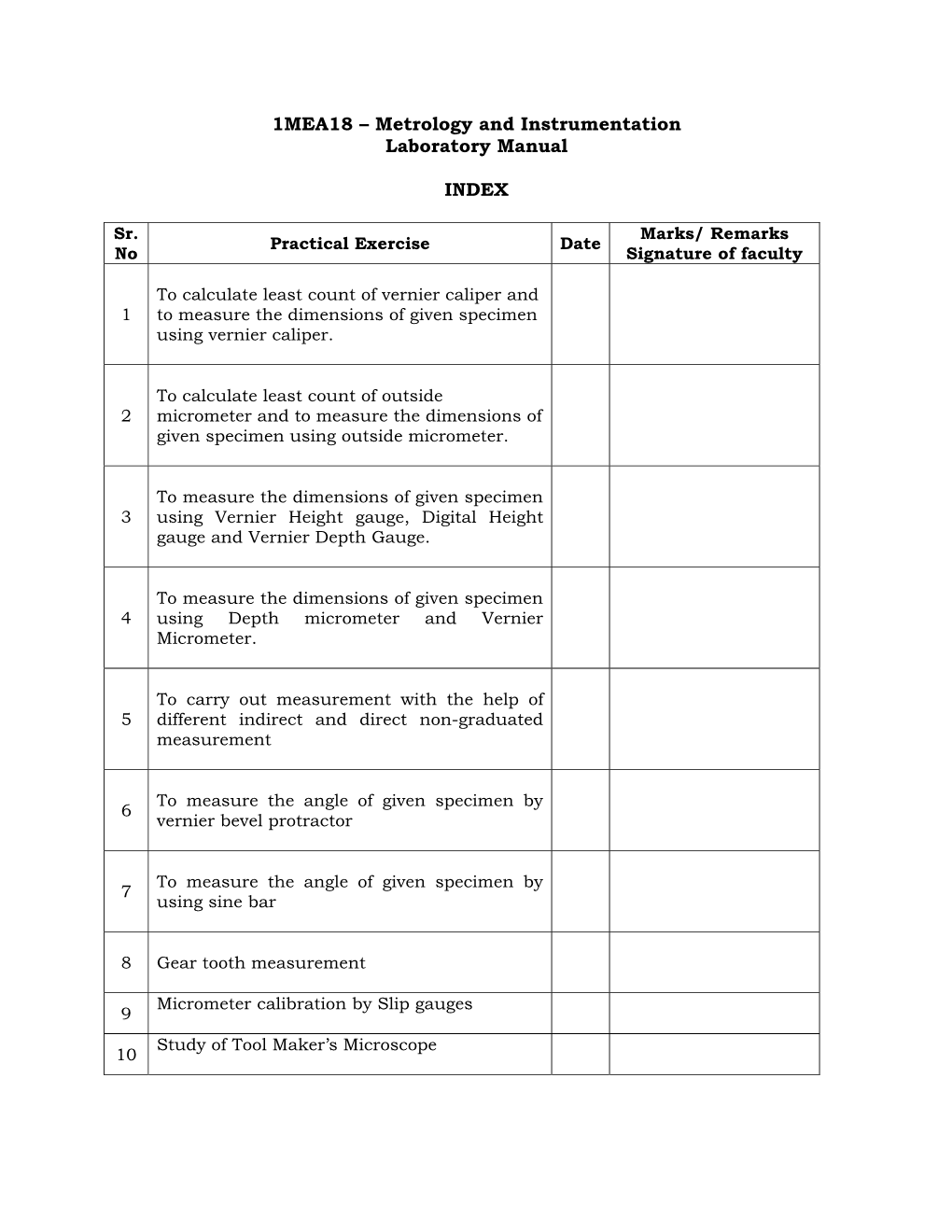 Metrology and Instrumentation Laboratory Manual INDEX