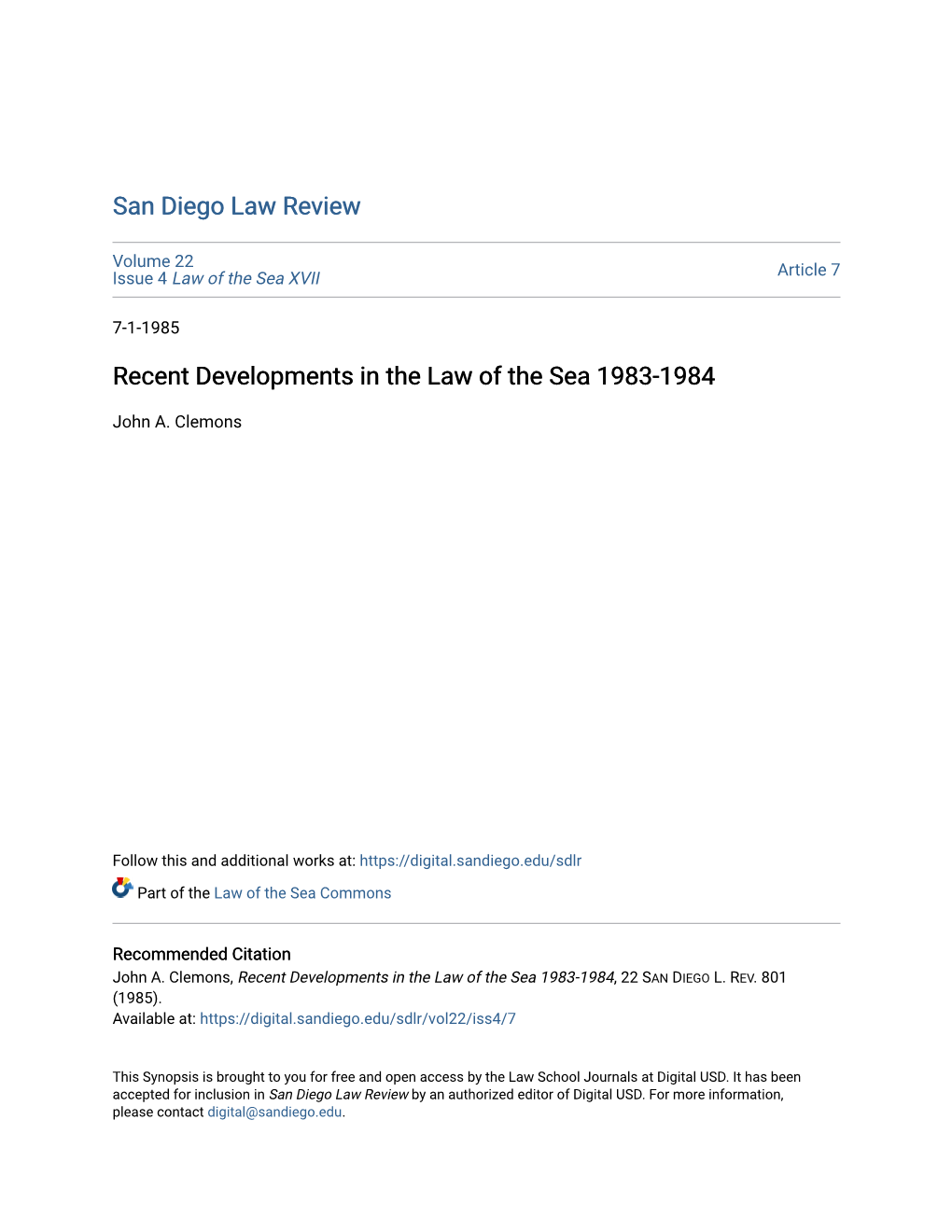 Recent Developments in the Law of the Sea 1983-1984