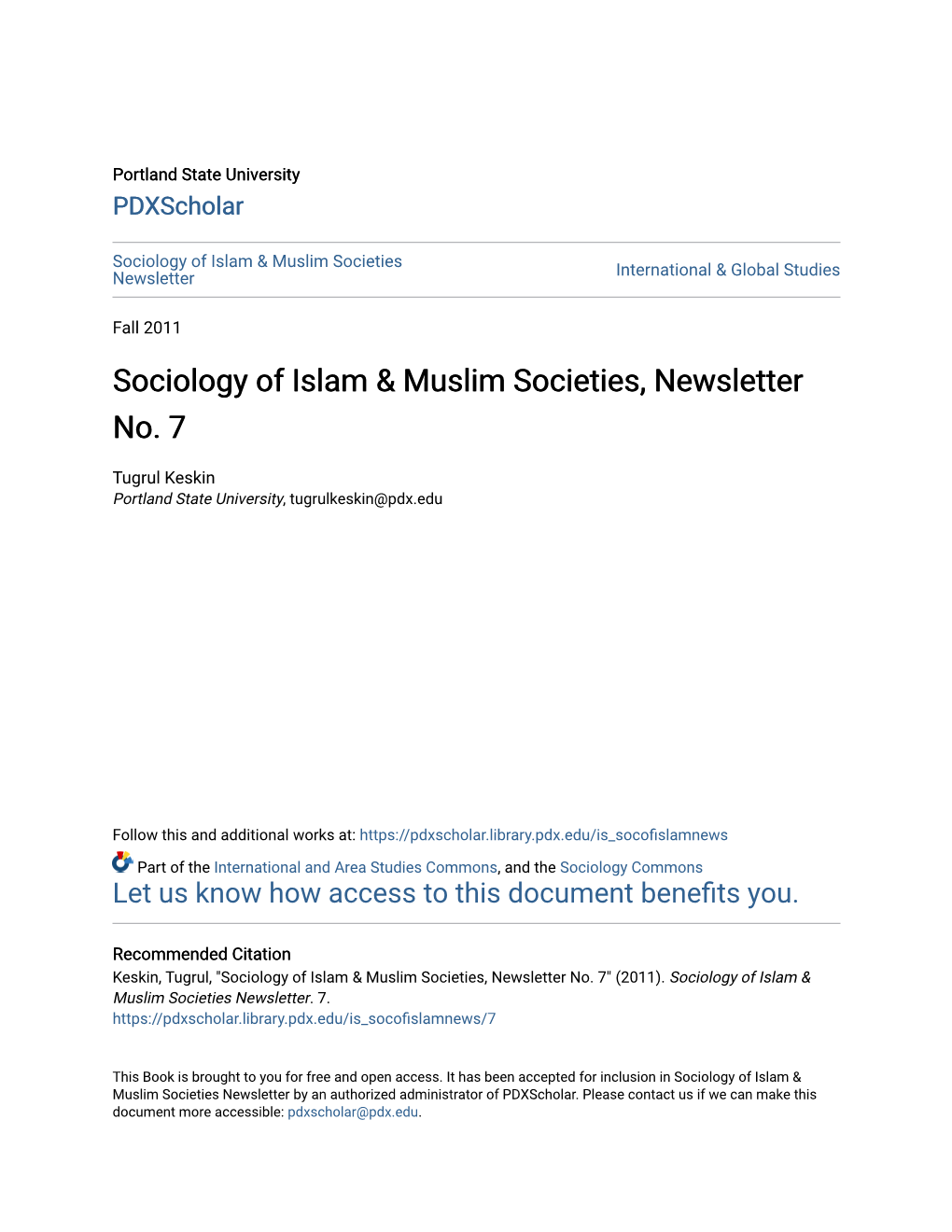 Sociology of Islam & Muslim Societies, Newsletter No. 7