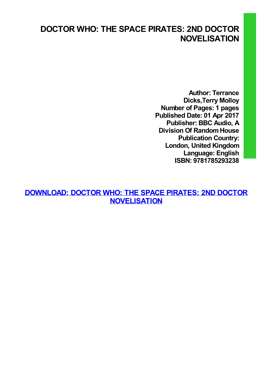 PDF Download Doctor Who: the Space Pirates: 2Nd Doctor Novelisation Pdf Free Download