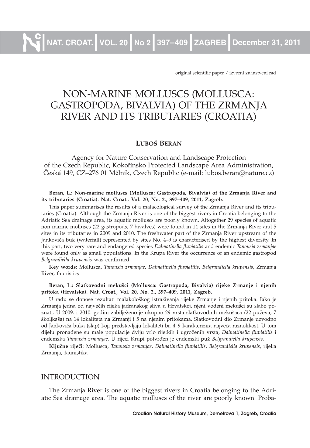 Mollusca: Gastropoda, Bivalvia) of the Zrmanja River and Its Tributaries (Croatia