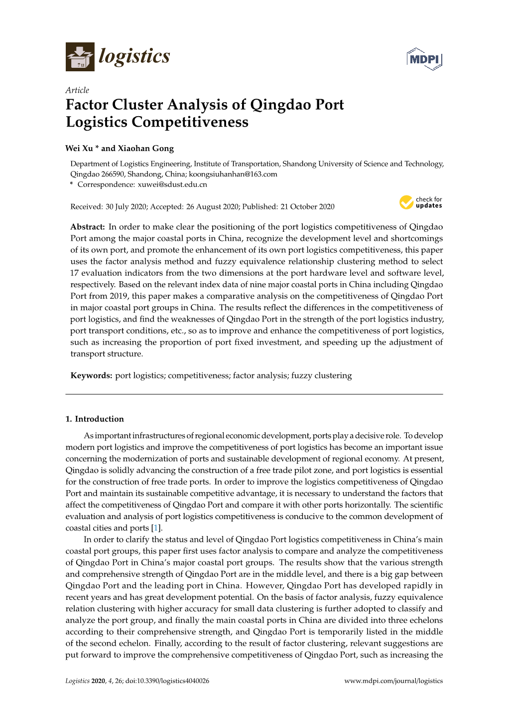 Factor Cluster Analysis of Qingdao Port Logistics Competitiveness