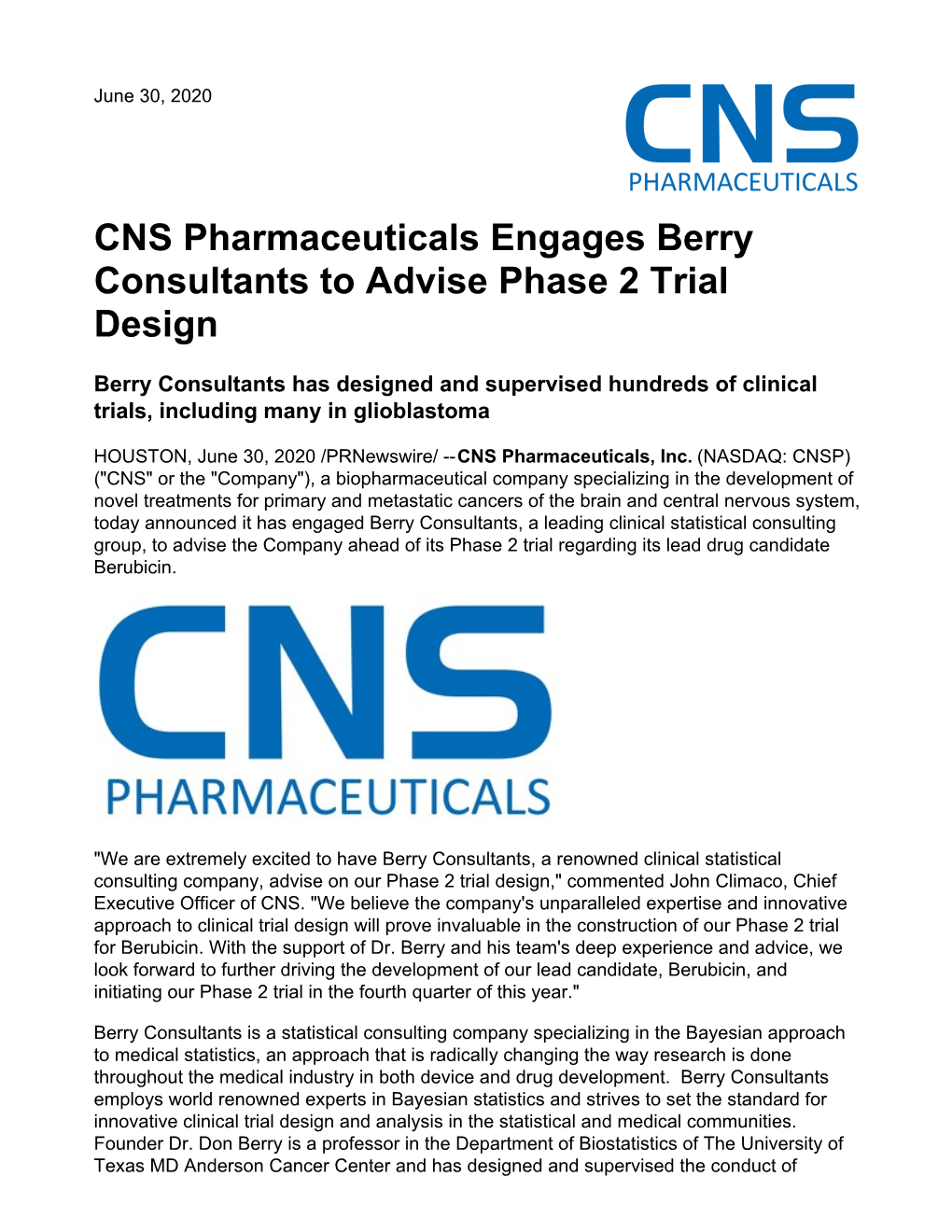 CNS Pharmaceuticals Engages Berry Consultants to Advise Phase 2 Trial Design