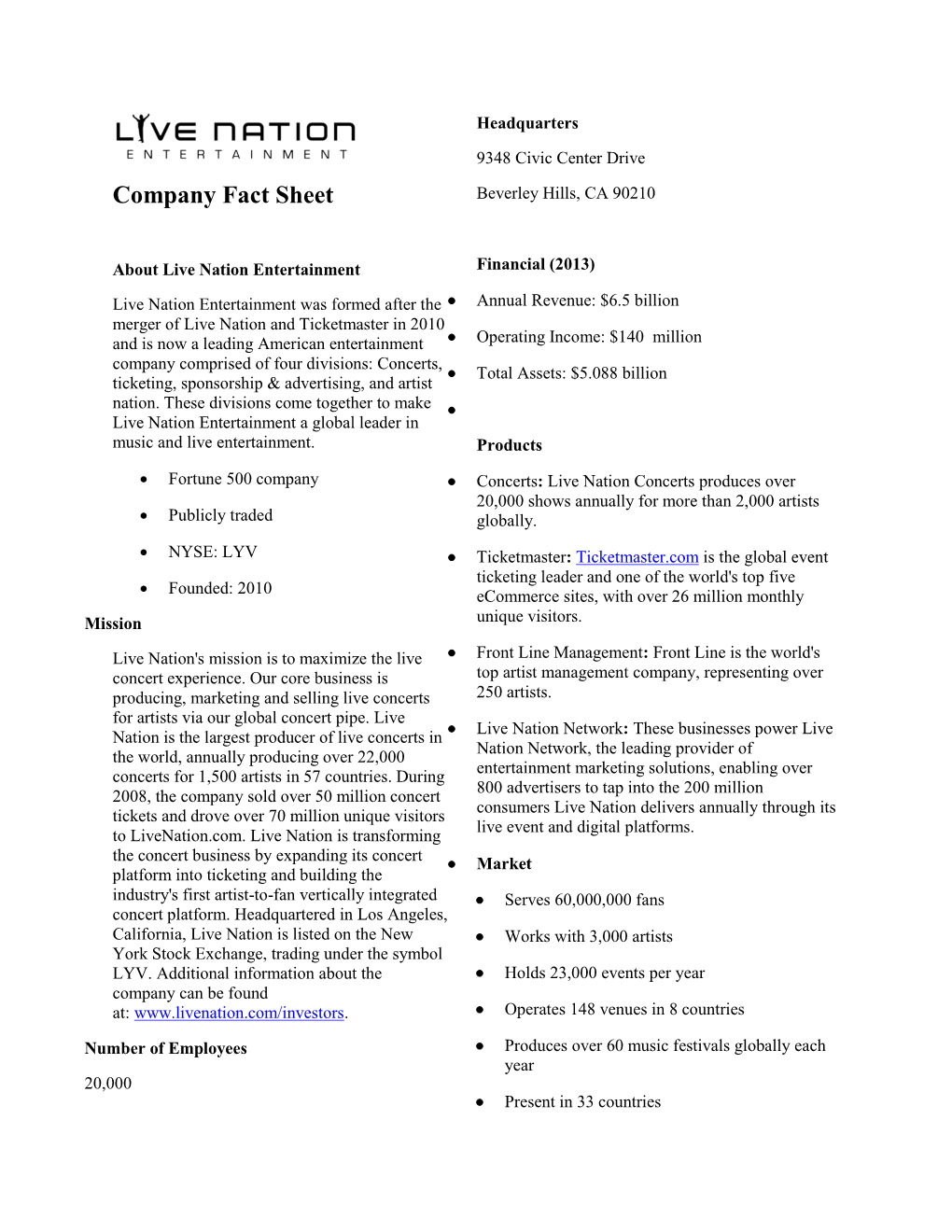 Company Fact Sheet Beverley Hills, CA 90210