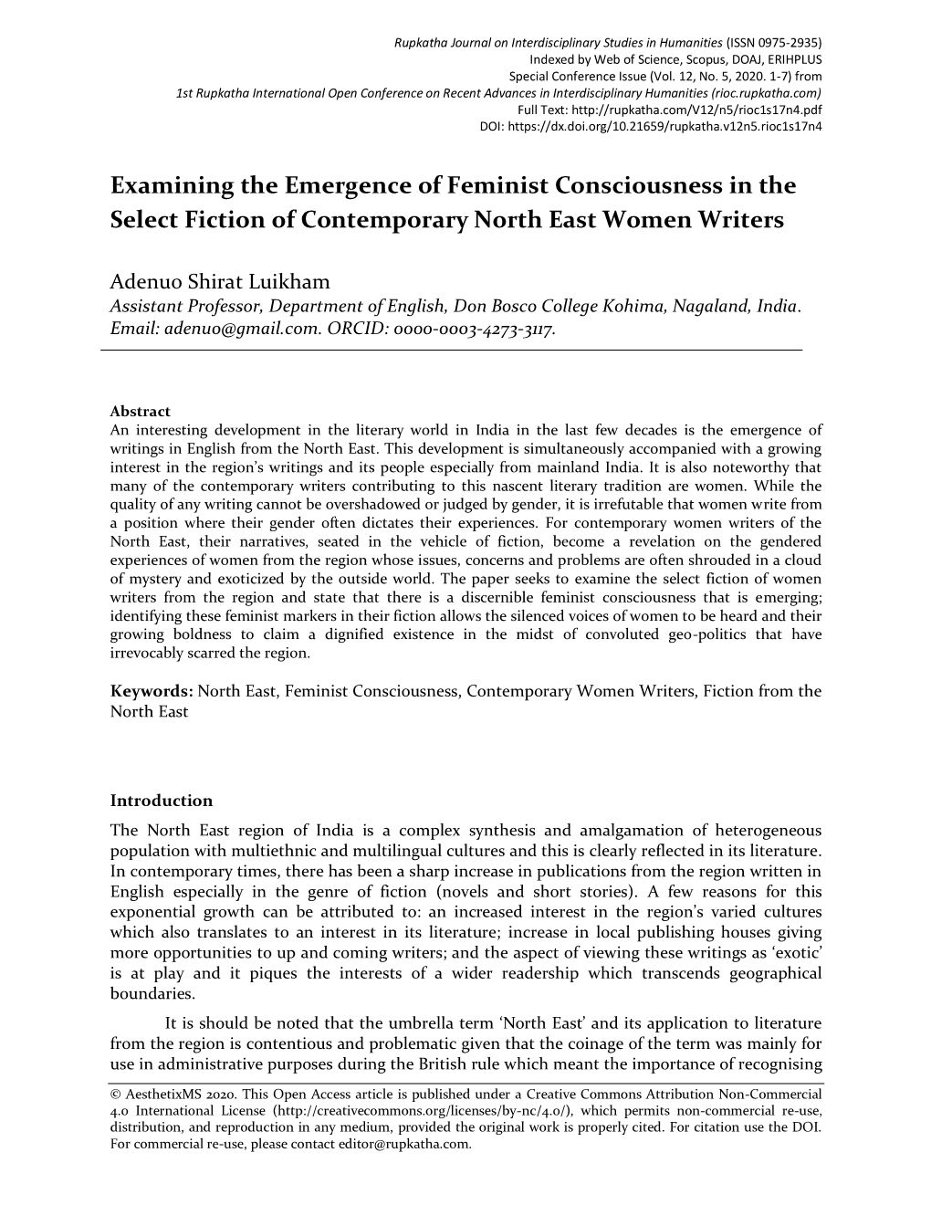 Examining the Emergence of Feminist Consciousness in the Select Fiction of Contemporary North East Women Writers