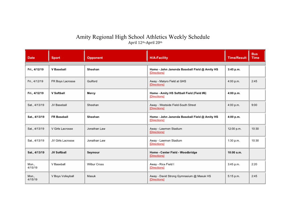 Amity Regional High School Athletics Weekly Schedule April 12Th-April 20Th