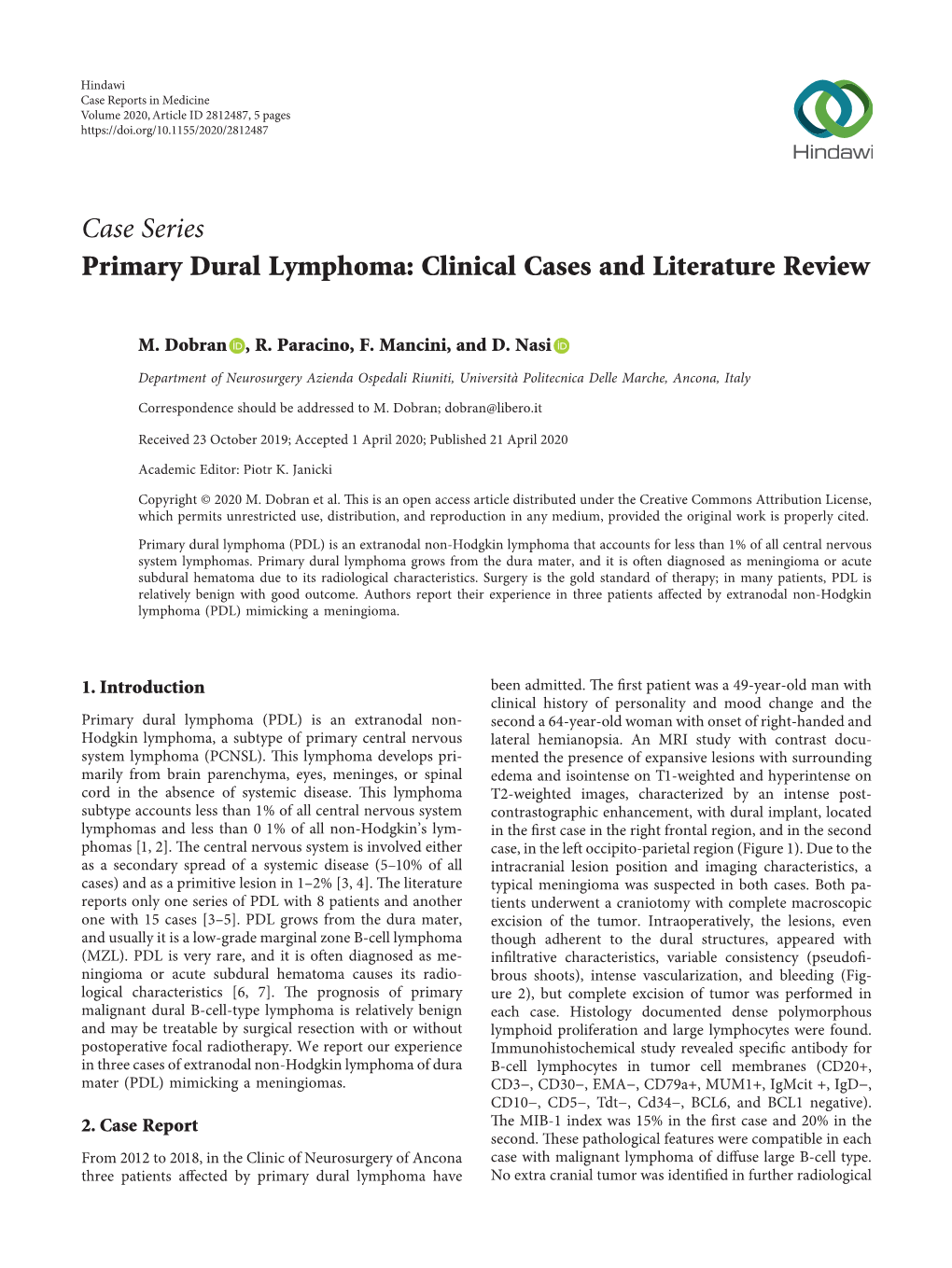 Case Series Primary Dural Lymphoma: Clinical Cases and Literature Review