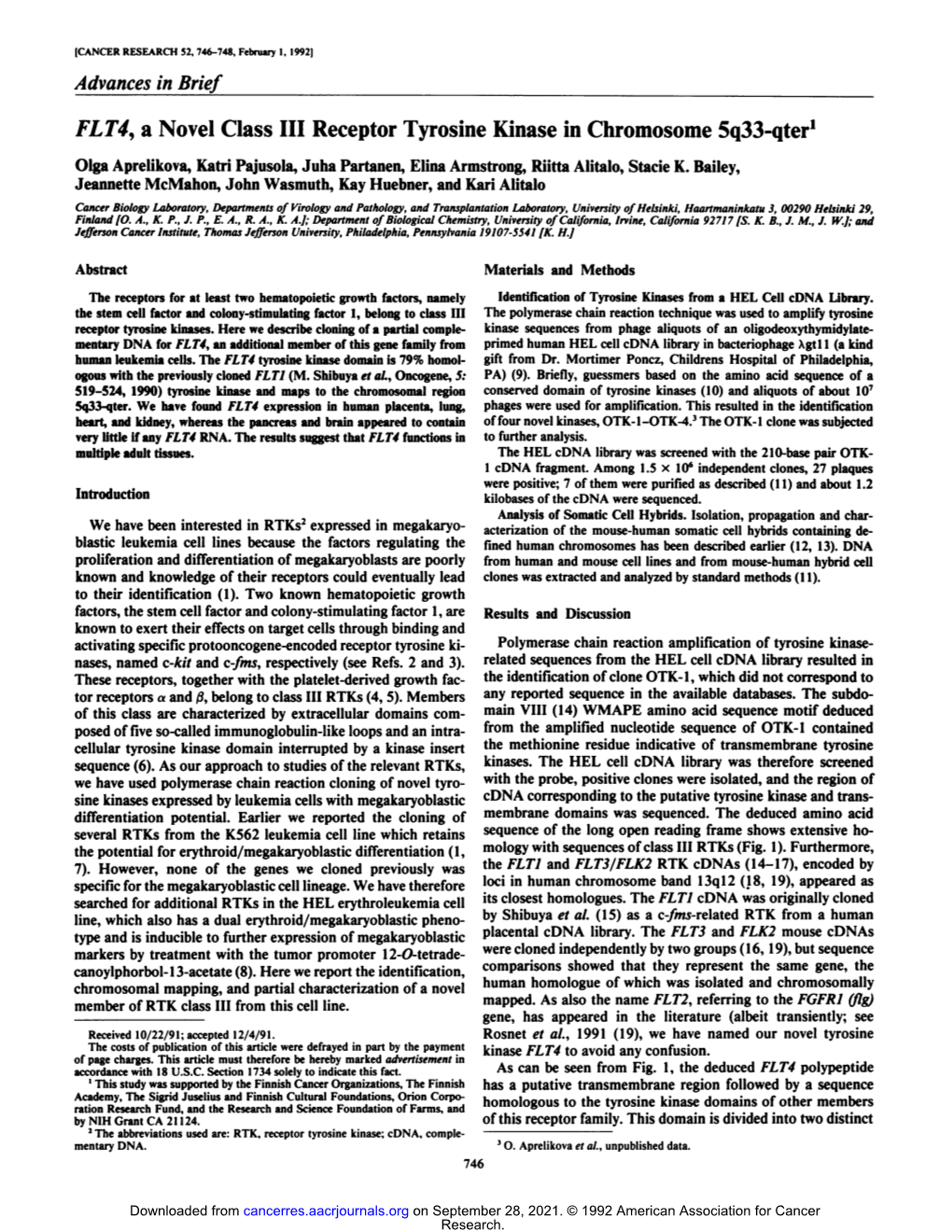 FLT4) a Novel Class III Receptor Tyrosine Kinase in Chromosome