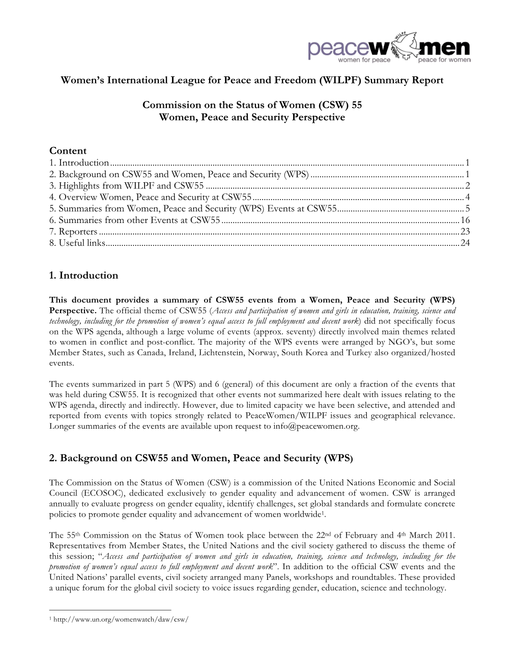 WILPF) Summary Report Commission on the Status of Women (CSW