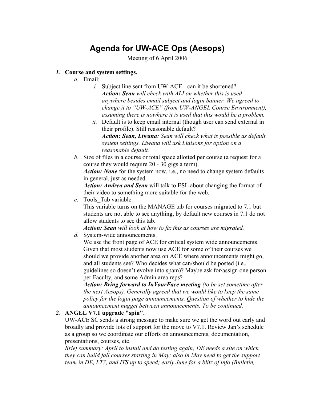 Agenda for UW-ACE Ops (Aesops)