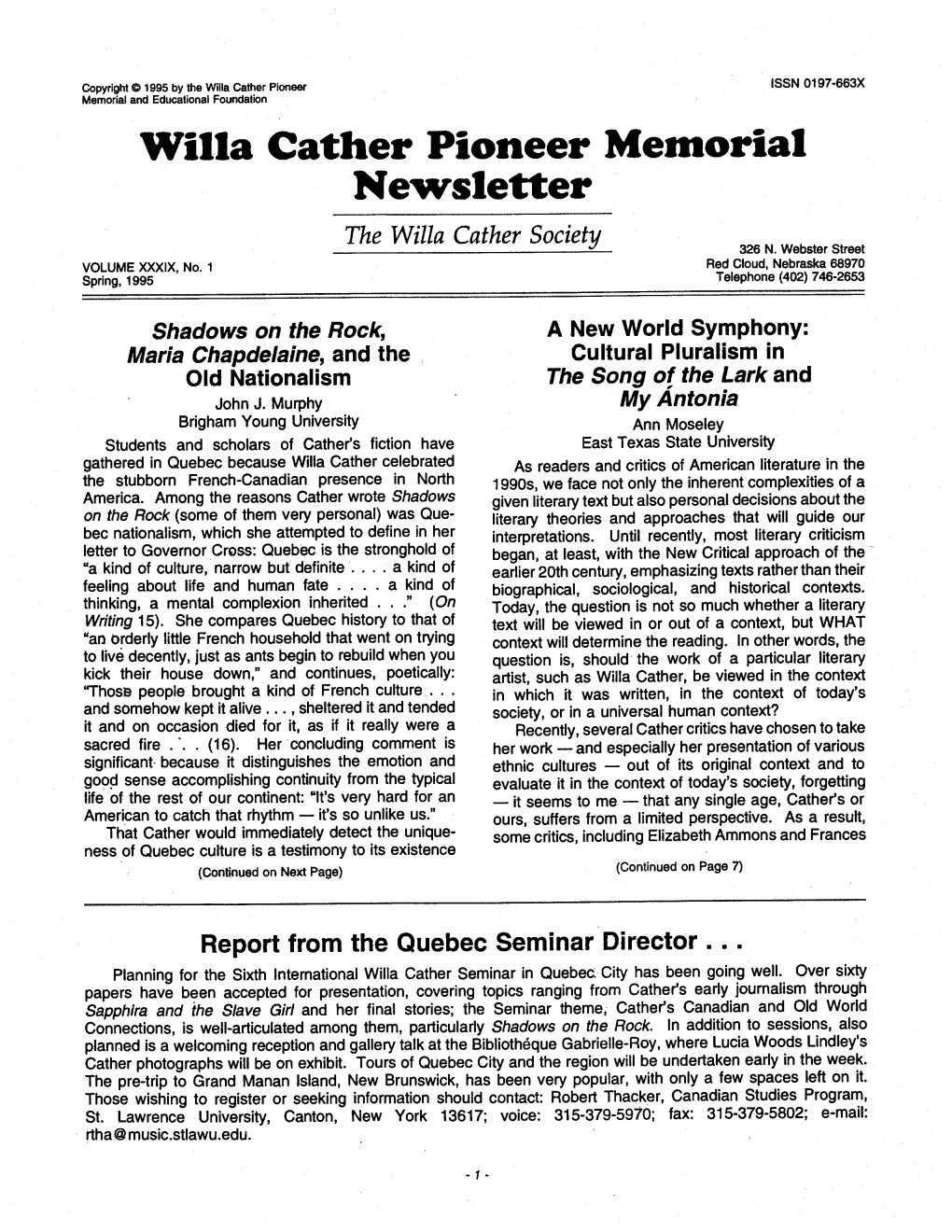 Willa Cather Pioneer Memorial Newsletter