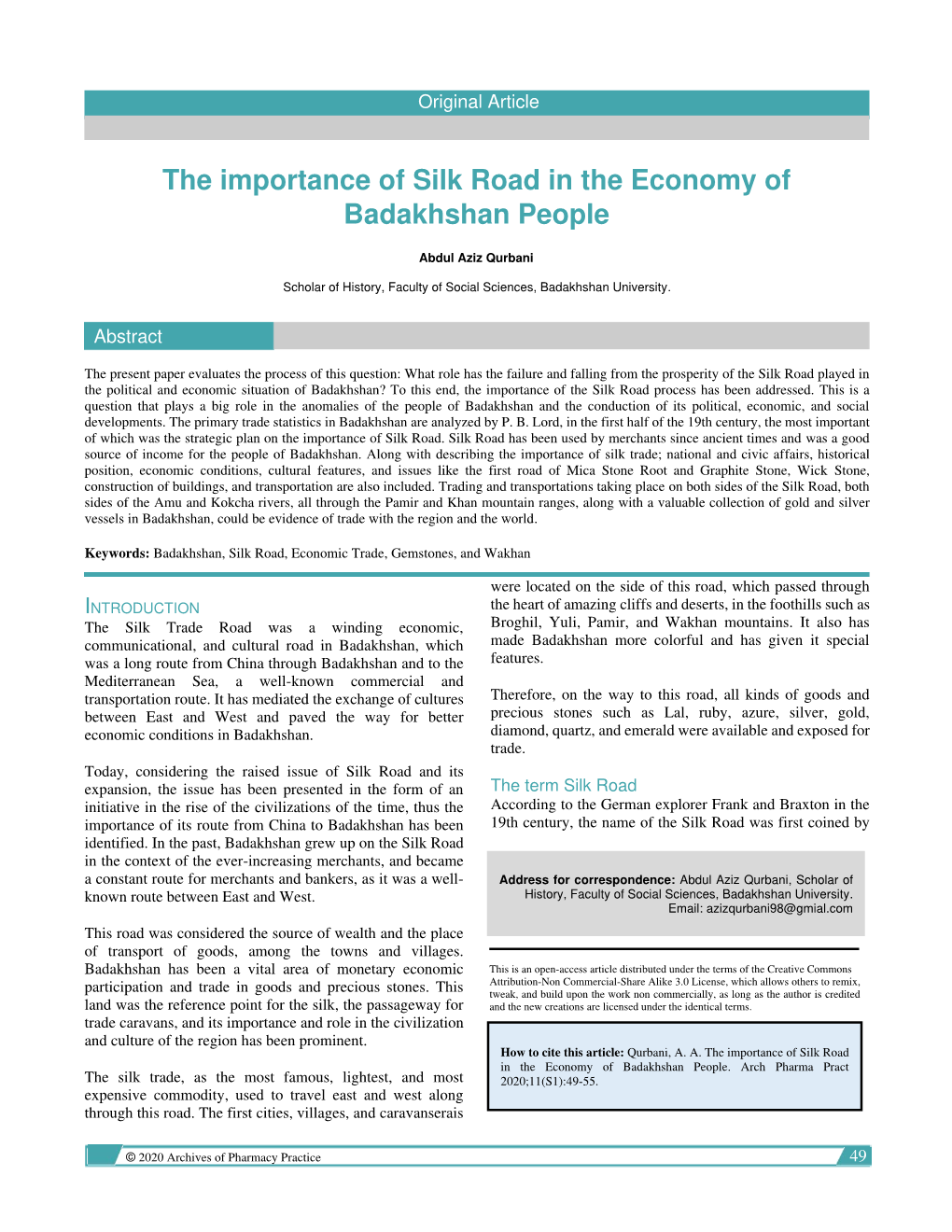 The Importance of Silk Road in the Economy of Badakhshan People