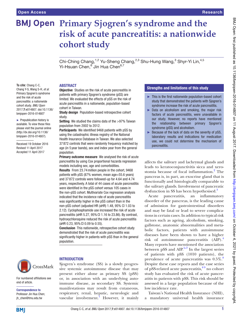 Primary Sjogren's Syndrome and the Risk of Acute Pancreatitis